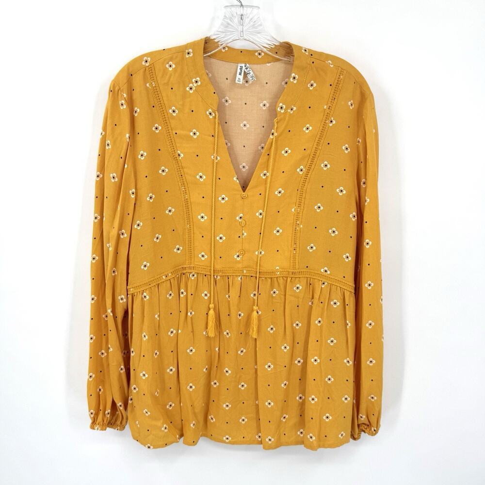 MUDD Women’s Gold W/White Floral Boho Peasant Top XL V-Neck Lightweight Flowy